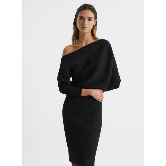 Reiss Black Lara Off-The-Shoulder Ribbed Midi Dress Knit Sweater - Picture 4 of 16